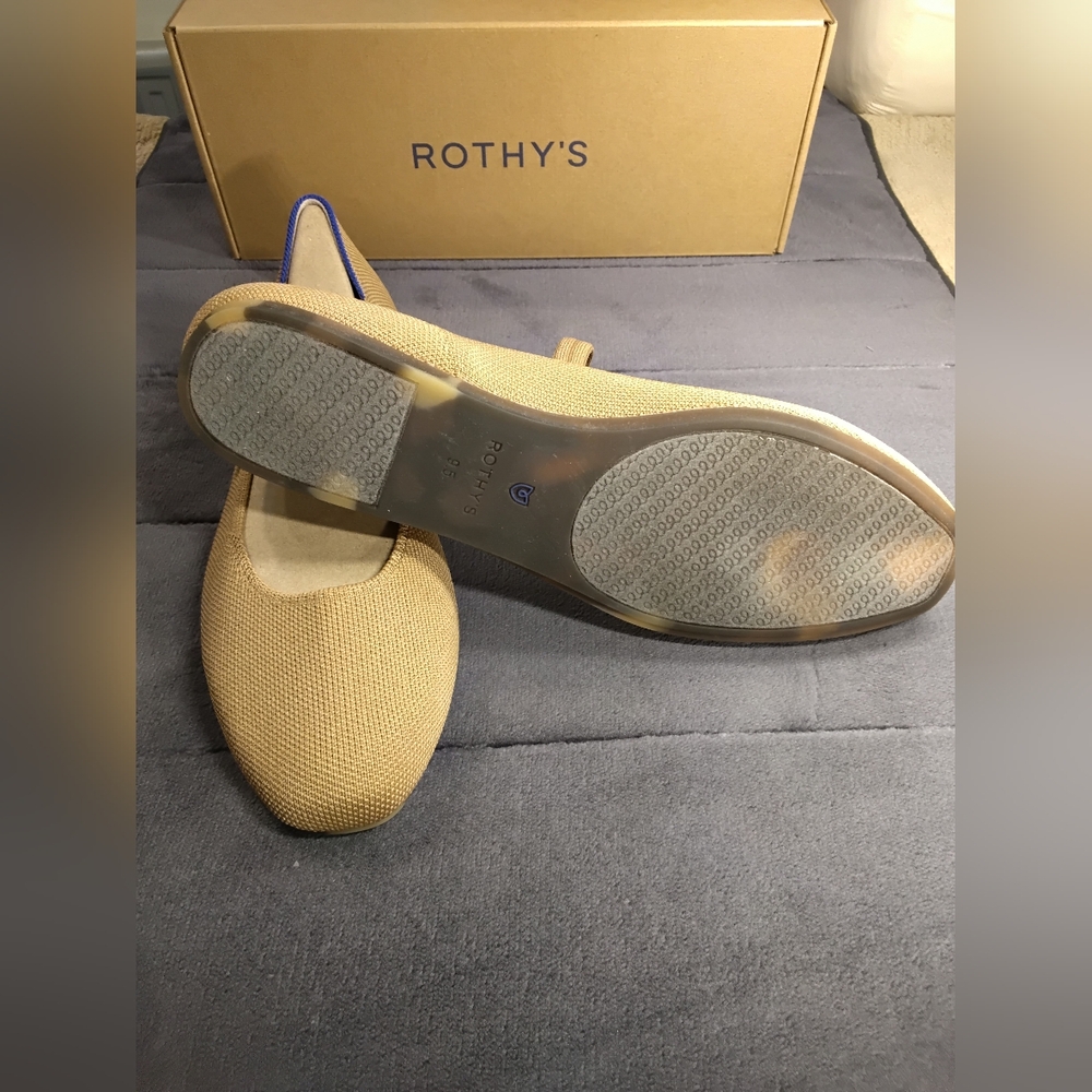 Rothy's Tan Mary Jane Flats with Blue Trim - Picture 4 of 6